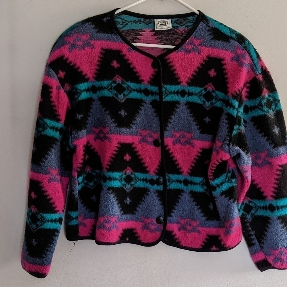 Vintage 90s Fleece Cardigan Button Front Southwestern Design Medium 💕😎